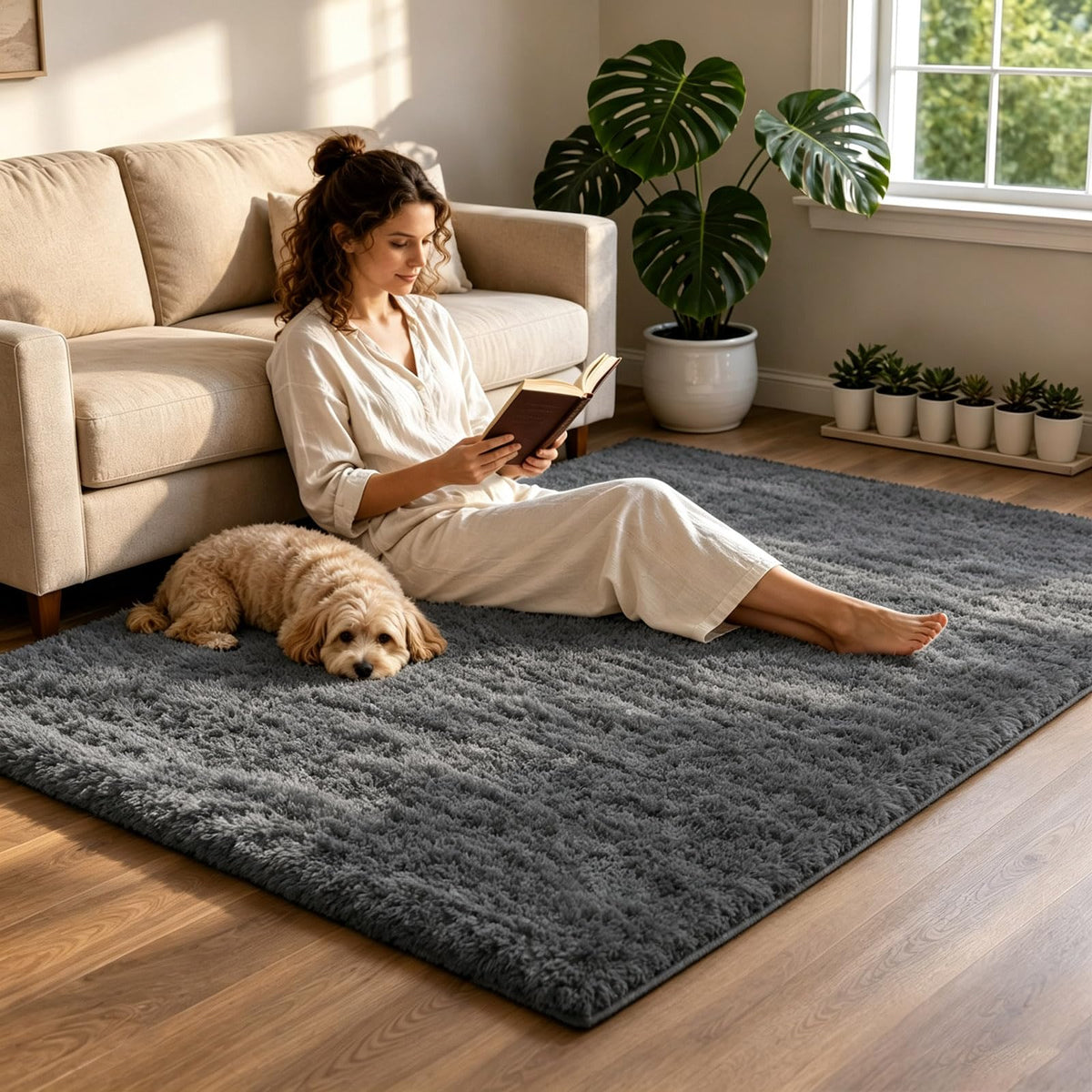 2x6 Dark Grey Fluffy Runner Rug for Hallway and Bedroom, Washable Soft Shaggy Carpet, Non-Slip Thick Shag Rug for Bedside and Living Room, Kids' and Girls' Nursery, Aesthetic Home Decor