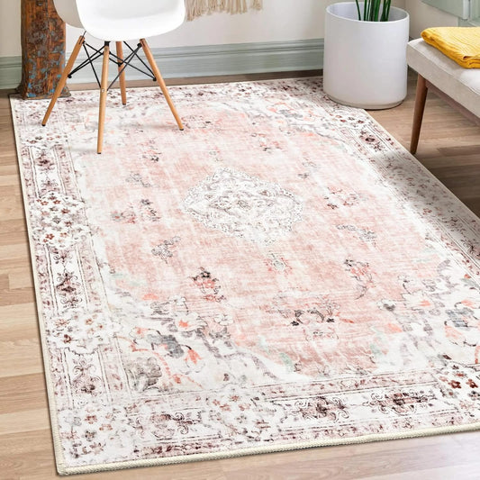 MUJOO Pink Rug 3x5 Washable,Boho Area Rugs Small Non Slip Low-Pile Floral