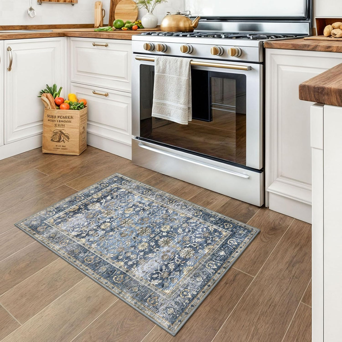 KUTA Vintage Floral Washable 2x3 Rugs for Entryway Blue Grey Beige