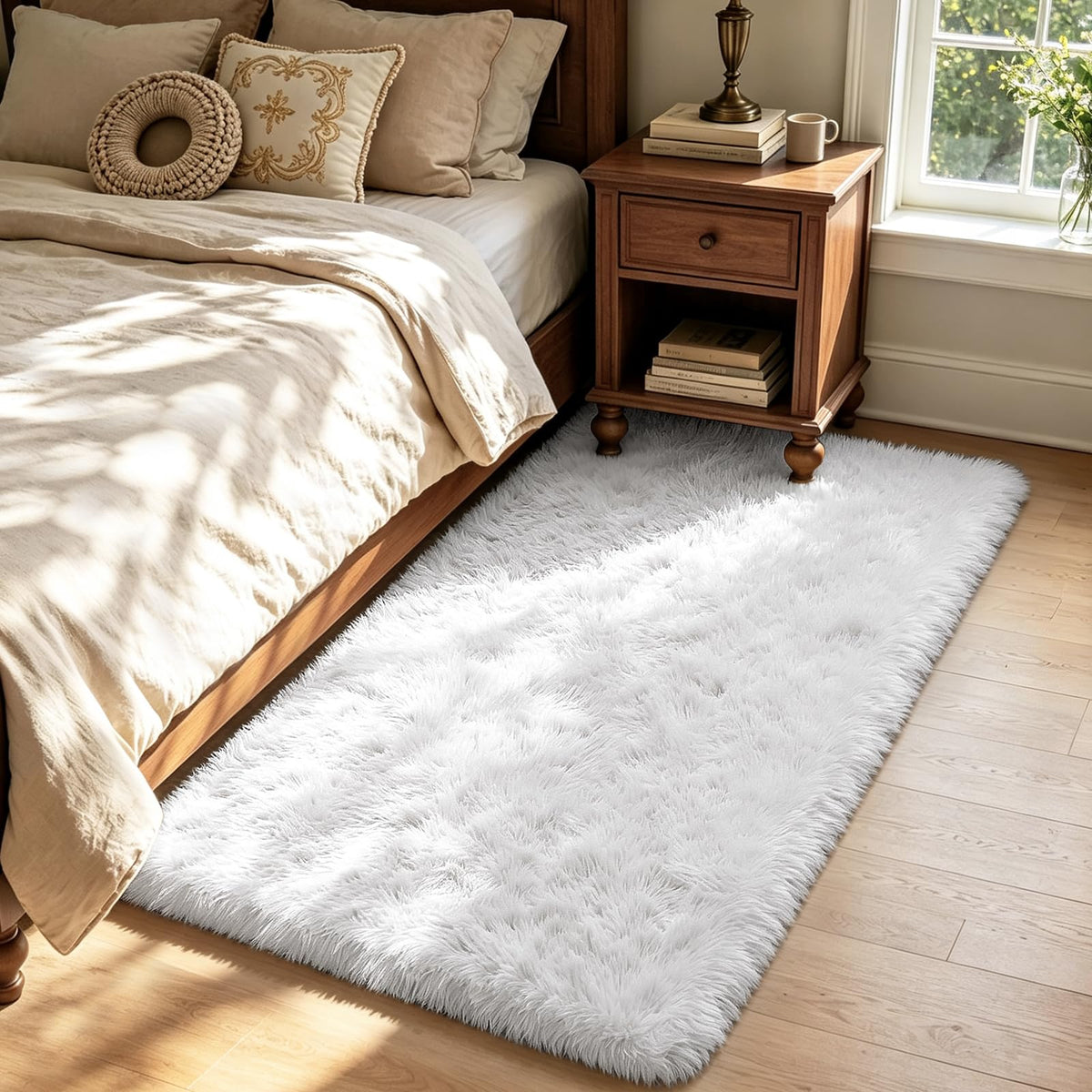Beige 2x4 Area Rugs for Bedroom, Fluffy Shag Rug Small Rug Bedside Carpet