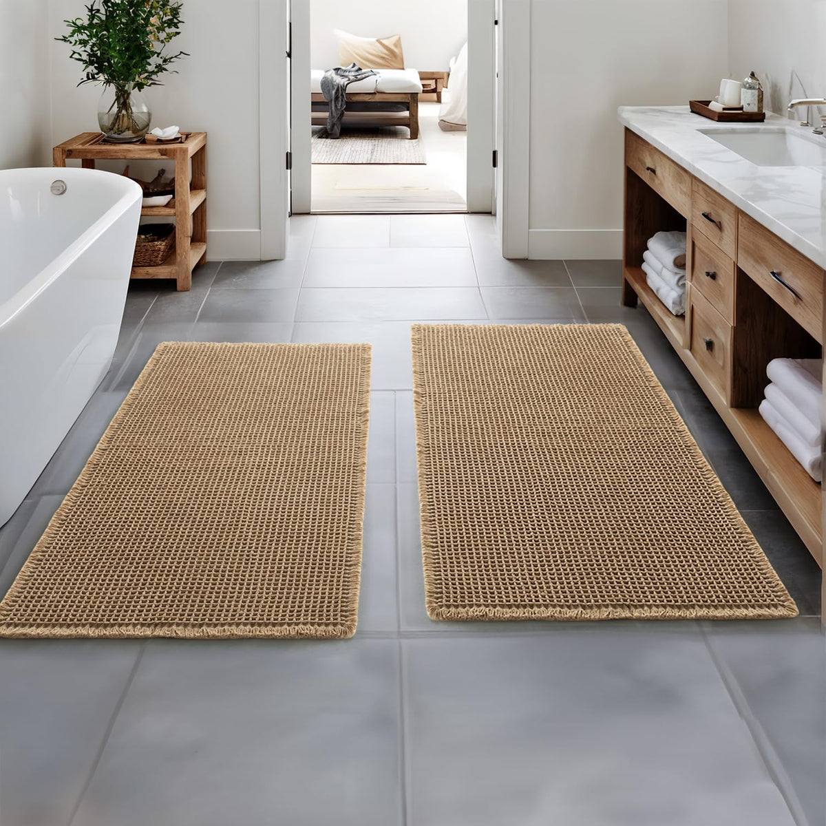 MIULEE Set of 2 Waffle Bathroom Rugs Boho Bath Mat Brown 18x30 Inch