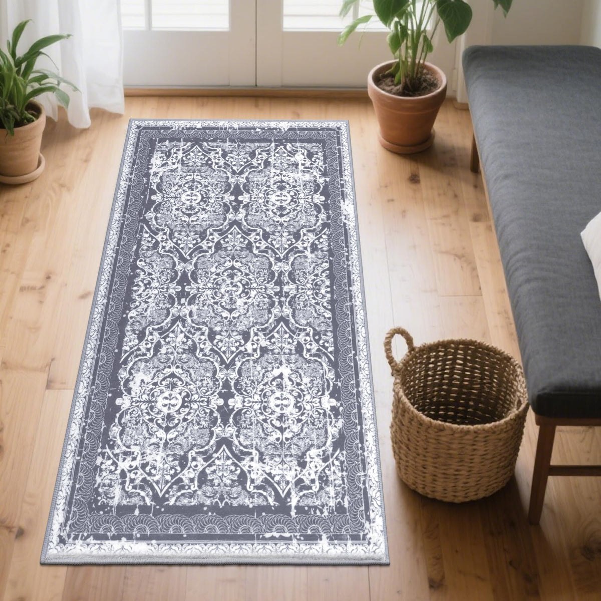 Vaukki Hallway Runner 2x6 ft, Grey Vintage Shaggy Soft Kitchen Rug