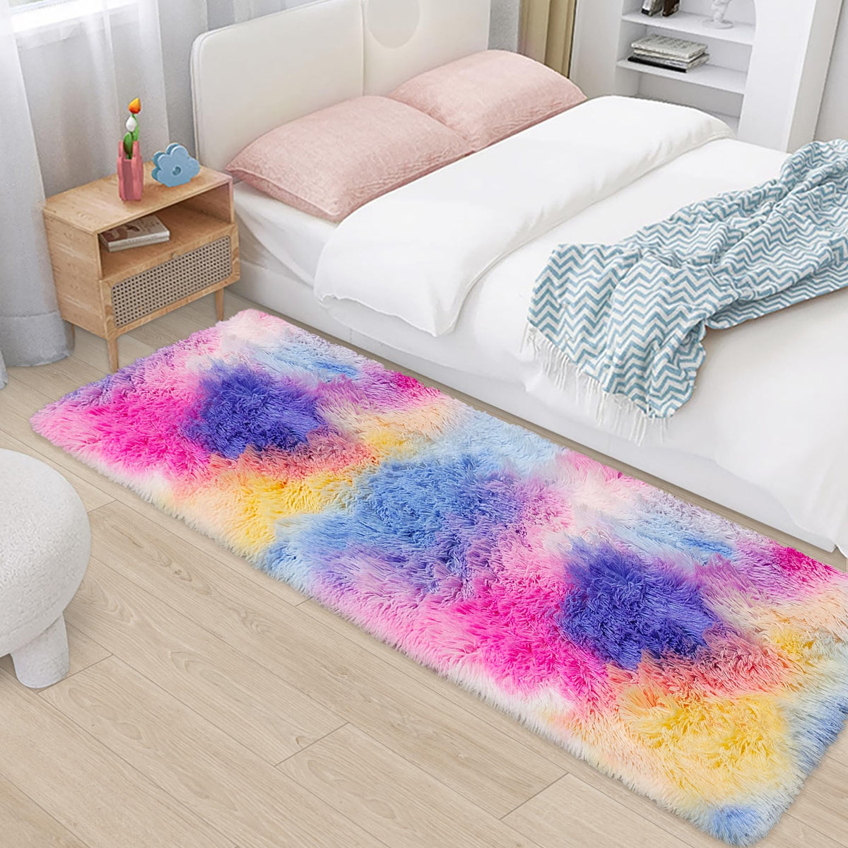Soft Fluffy Beige Runner Rug for Bedroom, Bedside Long Rug Runner