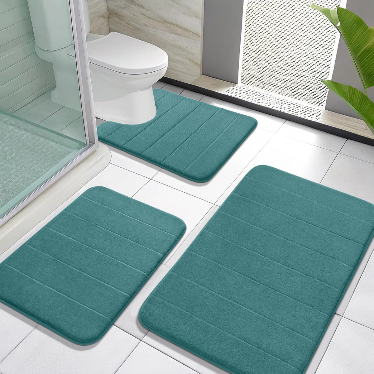 Yimobra Memory Foam Bath Mat Set 3 Pieces- Super Soft Absorbent Quick Dry Bathroom Rug Sets, Machine Washable Non Slip Floor Carpet for Tub Shower, Vanity & Toilet Base, Gray