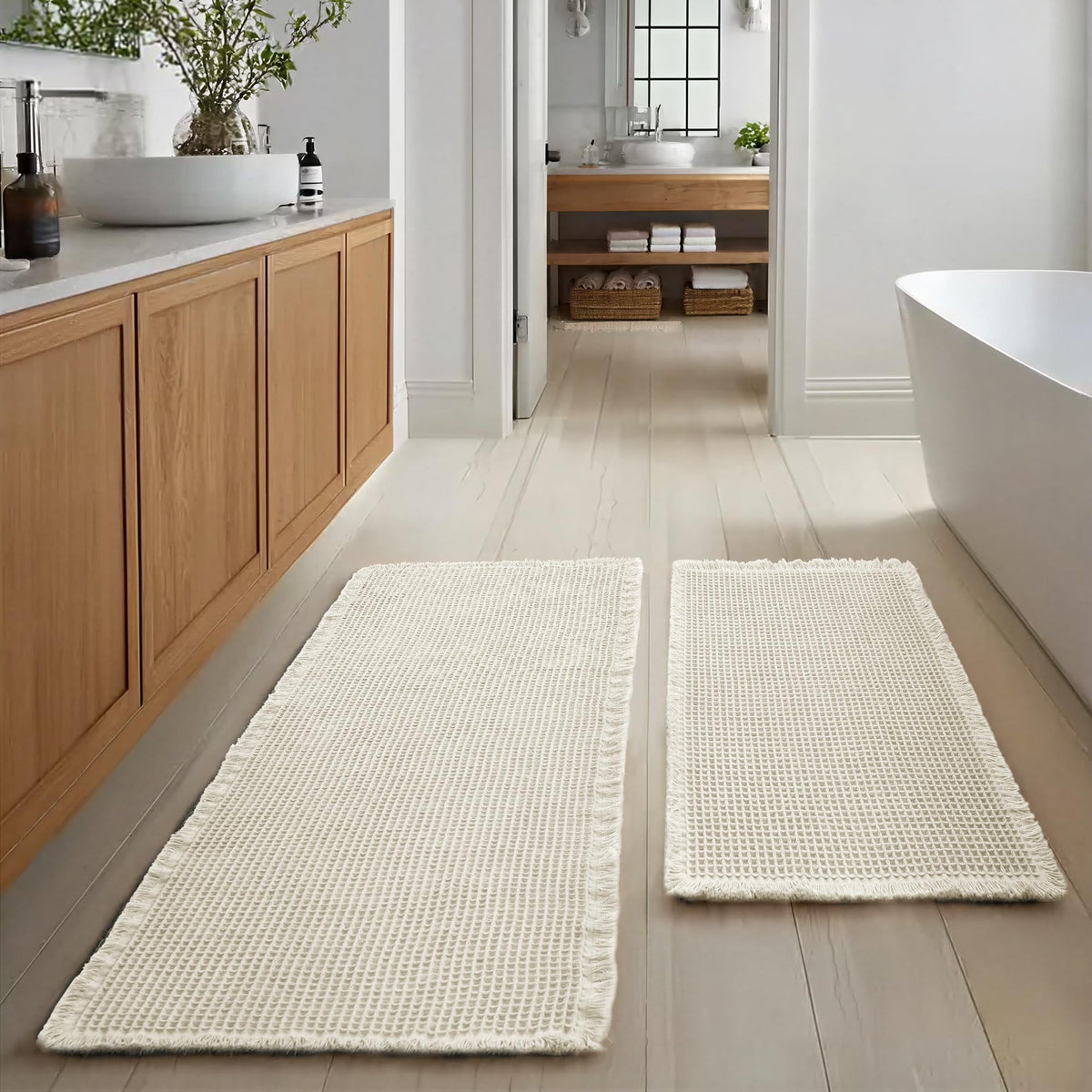 JIUZHEN Set of 2 Waffle Bath Mats Boho Bath Rugs 16"x24"+20"x32", Brown