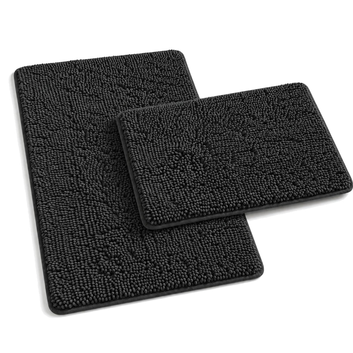 RUN HELIX Bathroom Rugs Set 2 Piece Thick Chenille Bath Mats, Soft Quick Dry Plush Absorbent Bath Rugs with Non-Slip PVC Backing, 32x20+24x16 Inch Black