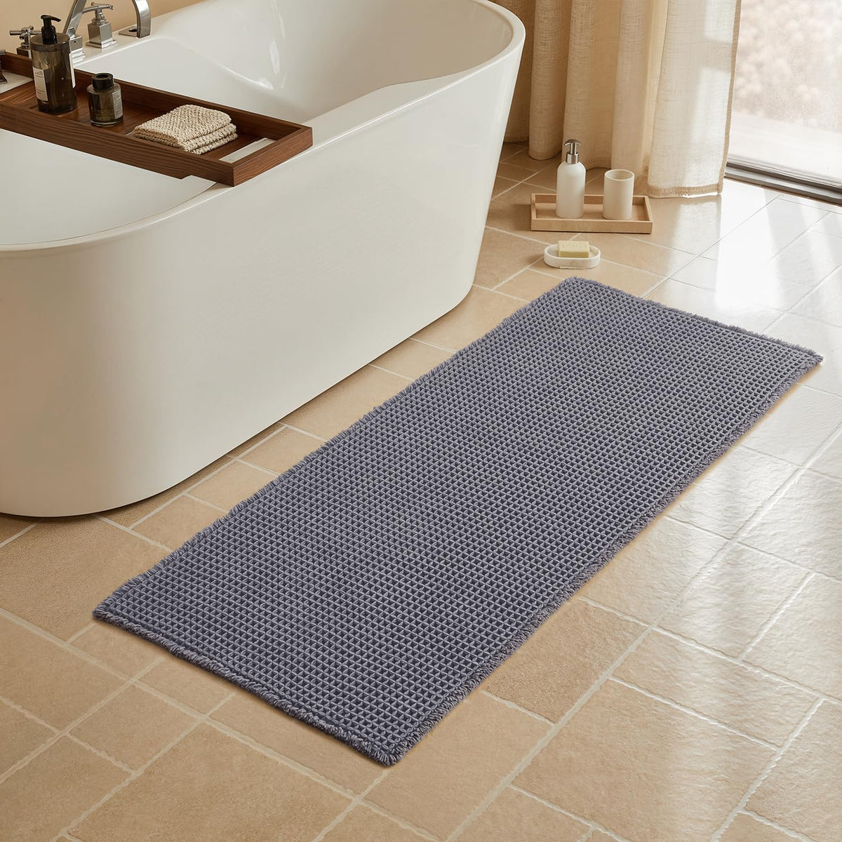 Triohero Waffle Bath Mat, Small Boho Bathroom Rugs Non Slip, 16x24 Khaki