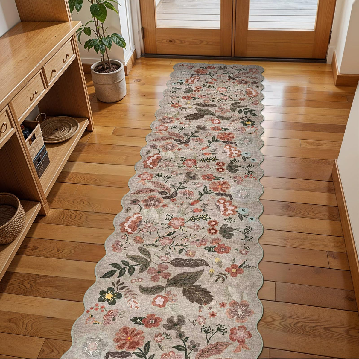 2x4 Rug Washable for Entryway - Non-Slip Scalloped Floral Throw Rug Black