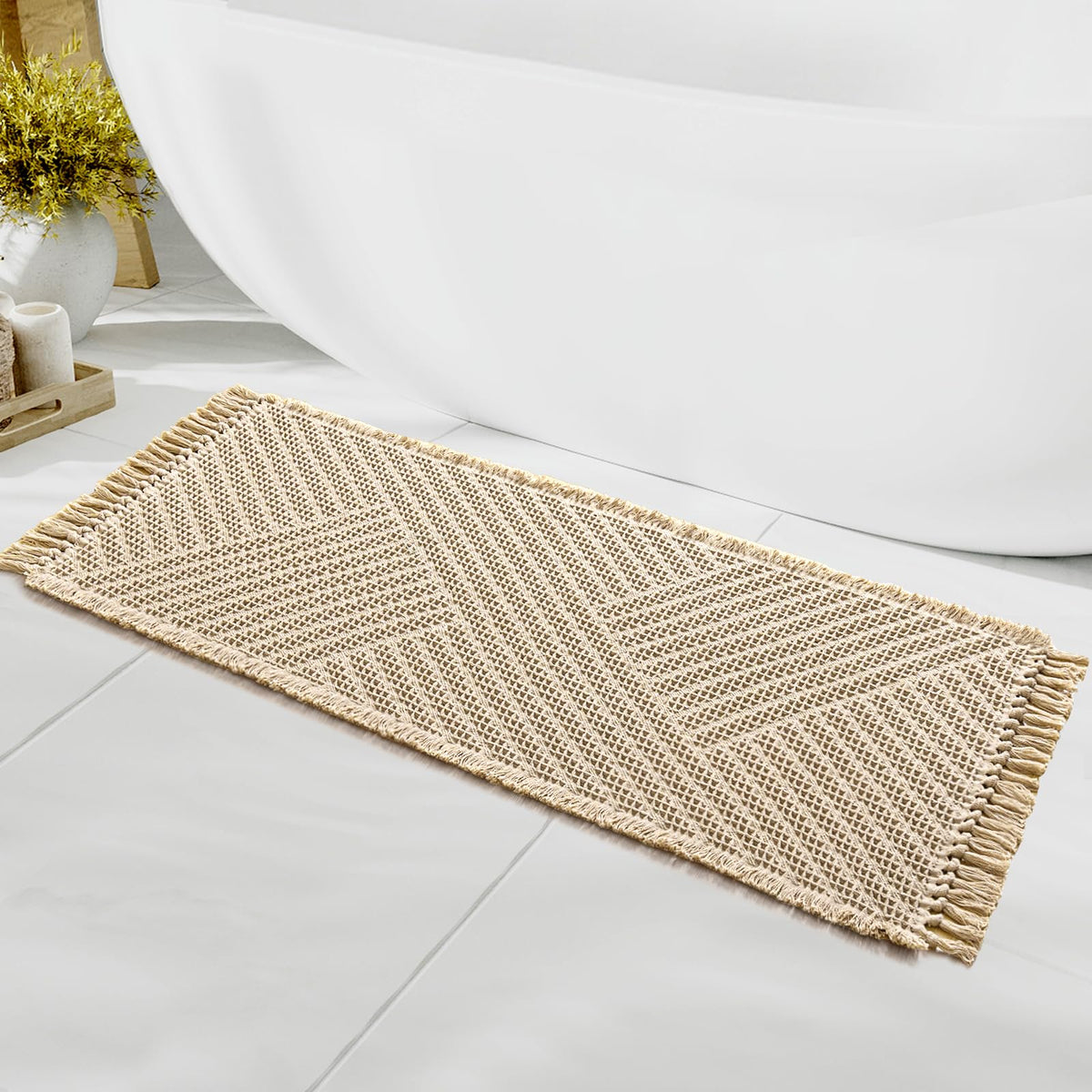 H.VERSAILTEX Waffle Bath Mat Super Absorbent Boho Bath Mat Non Slip Bath Rugs for Bathroom Floor Machine Washable Dry Fast Bathroom Rugs with Tassels, 24" x 36", Ivory White