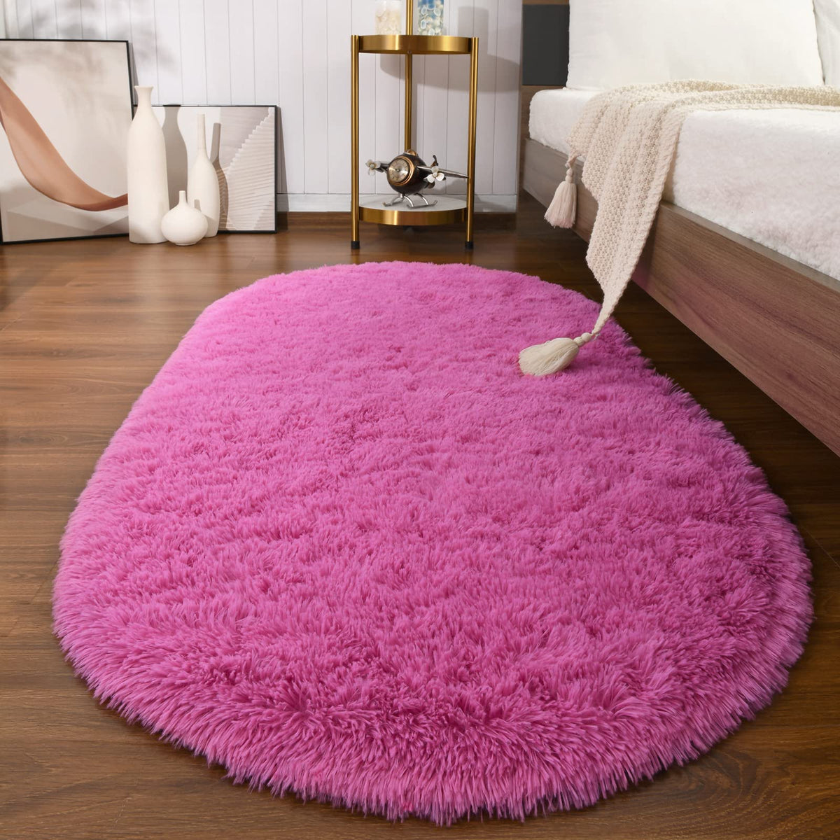 Softlife Fluffy Rugs for Bedroom, Shag Cute Area Rug for Girls/Boys and Kids Baby Room Home Decor, 2.6 x 5.3 Feet Oval Indoor Carpet for Nursery Dorm Living Room, Creamy