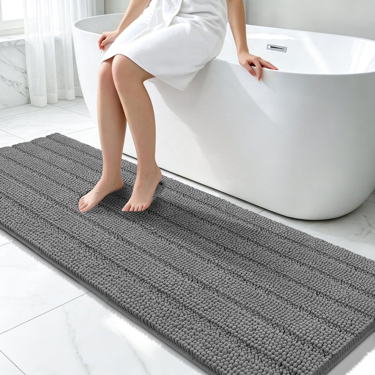 Bcoimo Small Bath Rug Mat,24x17 Chenille Non Slip Gray Bathroom Shower Mat