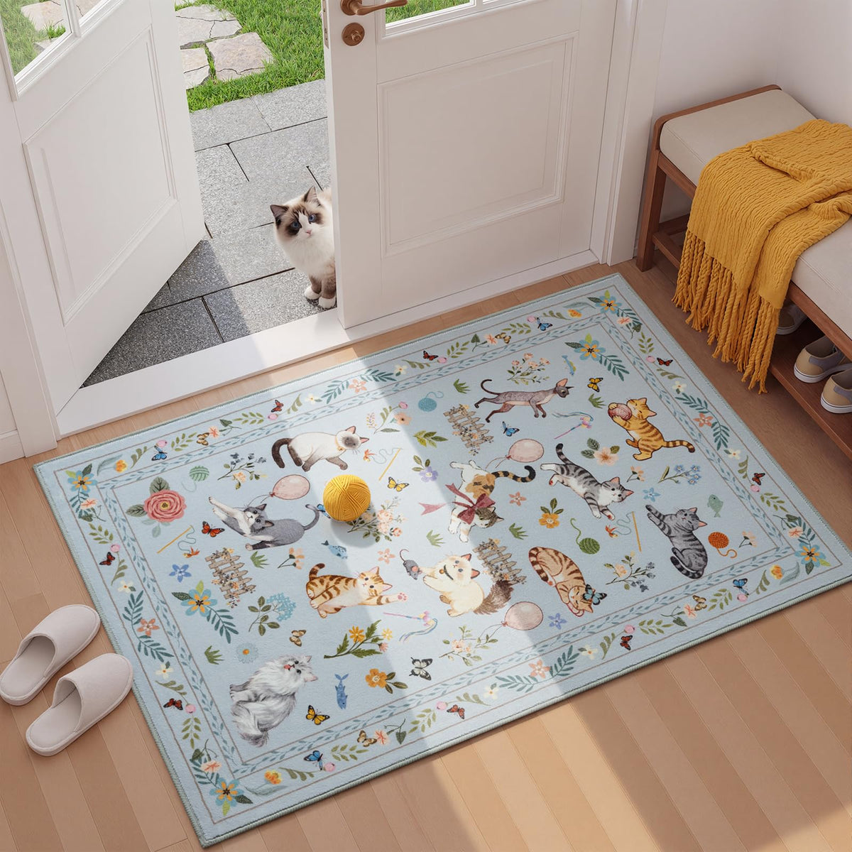 Unirea 2x3 Black Cute Cat Area Rug for Kitchen Entryway, Washable Door Mat