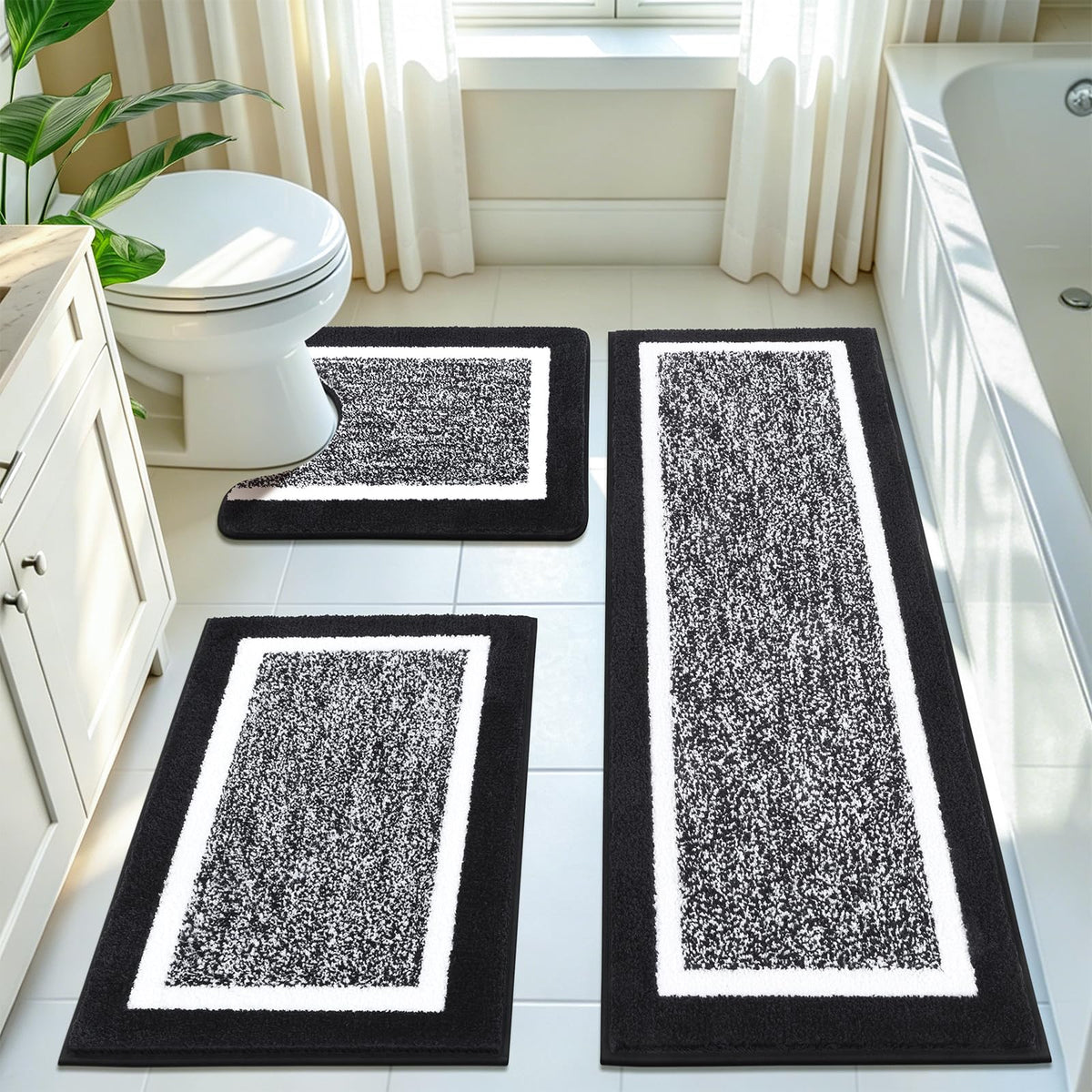 Pauwer Bathroom Rugs 3 Piece Set, Non Slip Washable Bath Mat, Dark Grey