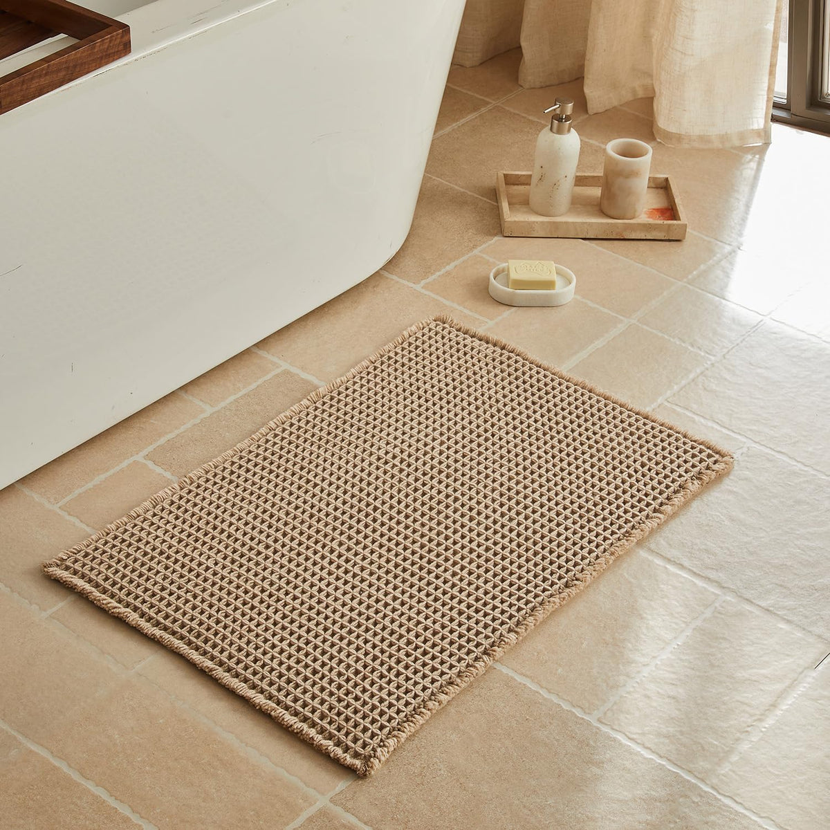 Triohero Waffle Bath Mat, Small Boho Bathroom Rugs Non Slip, 16x24 Khaki