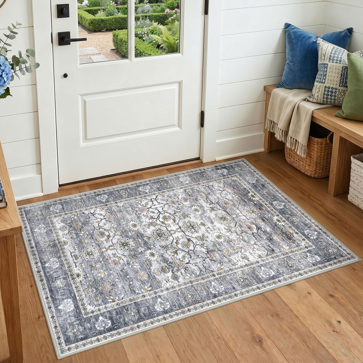 KUTA Vintage Floral Washable 2x3 Rugs for Entryway Blue Grey Beige