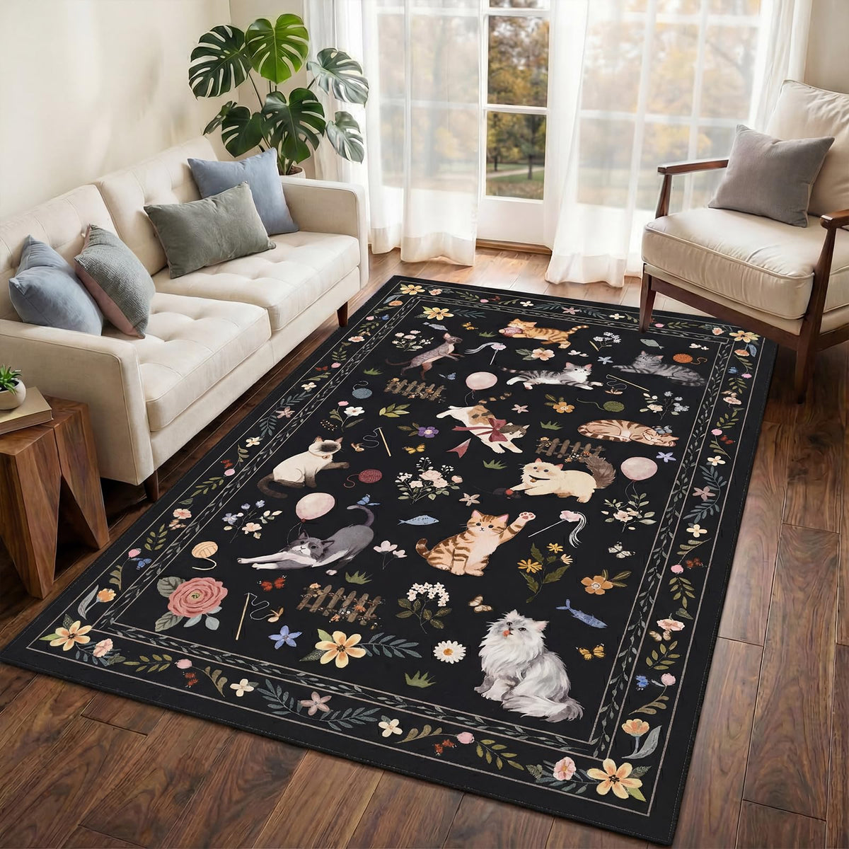 Unirea 2x3 Black Cute Cat Area Rug for Kitchen Entryway, Washable Door Mat
