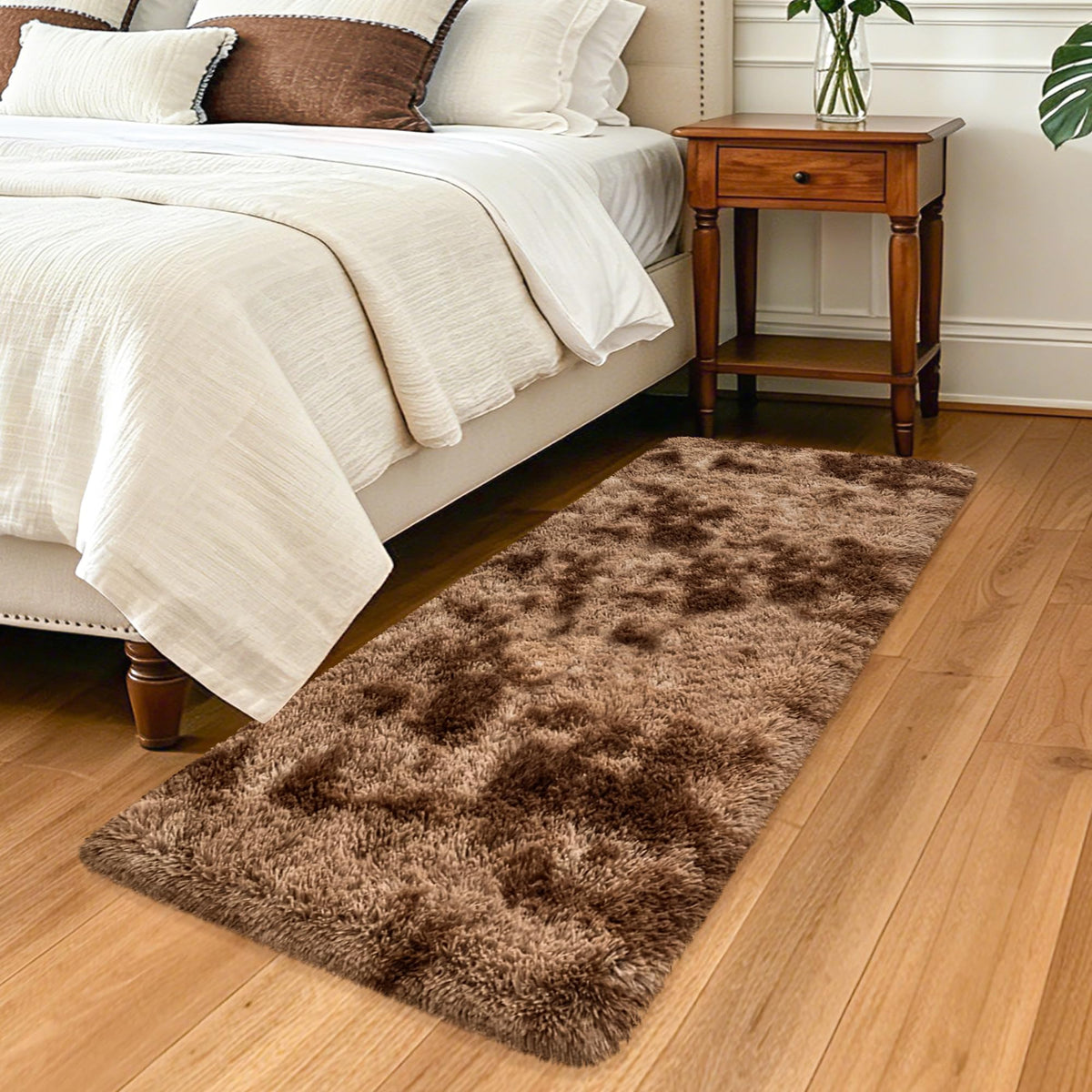 Soft Fluffy Beige Runner Rug for Bedroom, Bedside Long Rug Runner