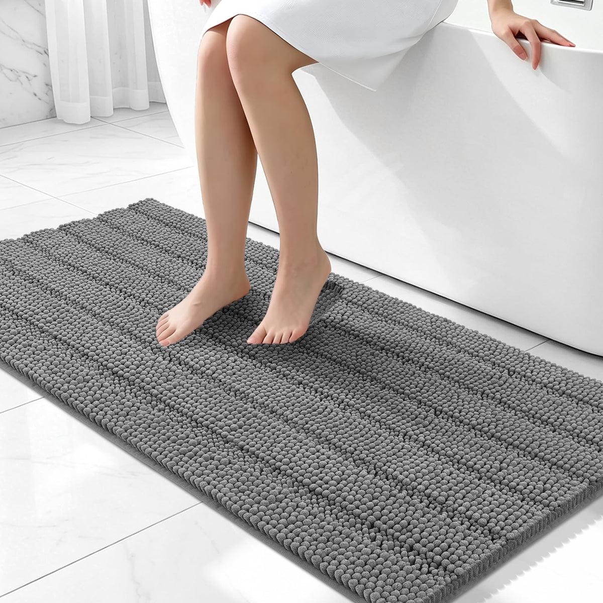 Bcoimo Small Bath Rug Mat,24x17 Chenille Non Slip Gray Bathroom Shower Mat