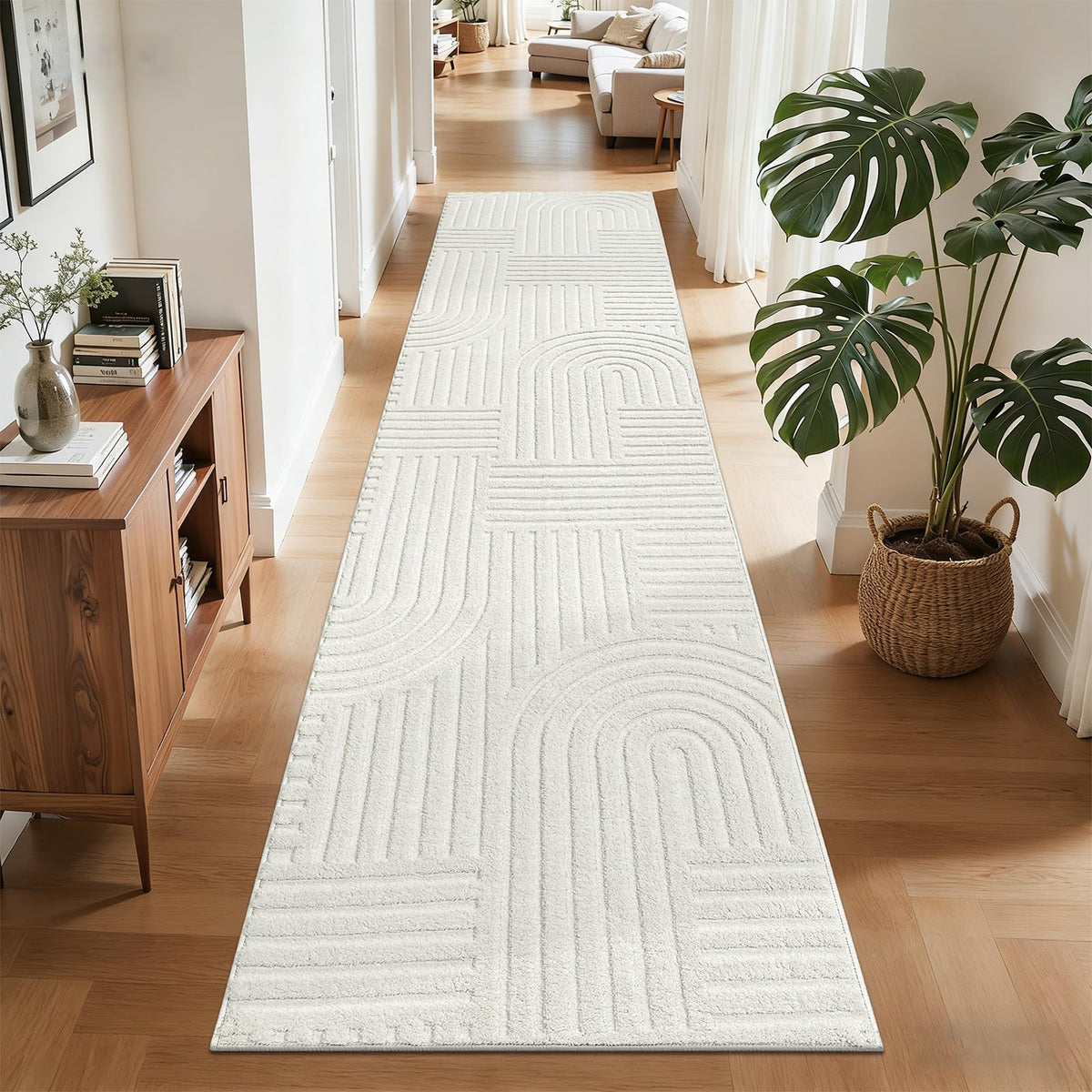 SHACOS Soft Fluffy Arch Pattern Area Rug 2'7"x5' Non Slip Washable Minimalist Modern High-Low Geometric Carpet for Living Room Kitchen Bedroom Bathroom, Beige