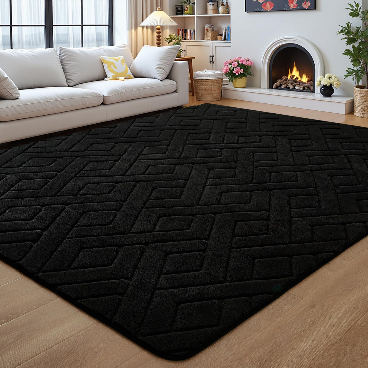 Grey Fluffy Area Rug for Bedroom, 3x5 Geometric Shag Rugs