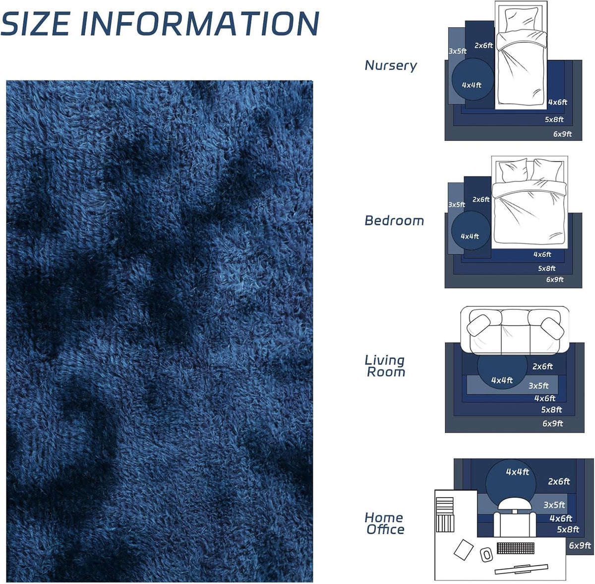 duduta Navy Blue Fluffy Plush Runner Rugs 2x6 ft Tie Dye Rectangle Shag Rug