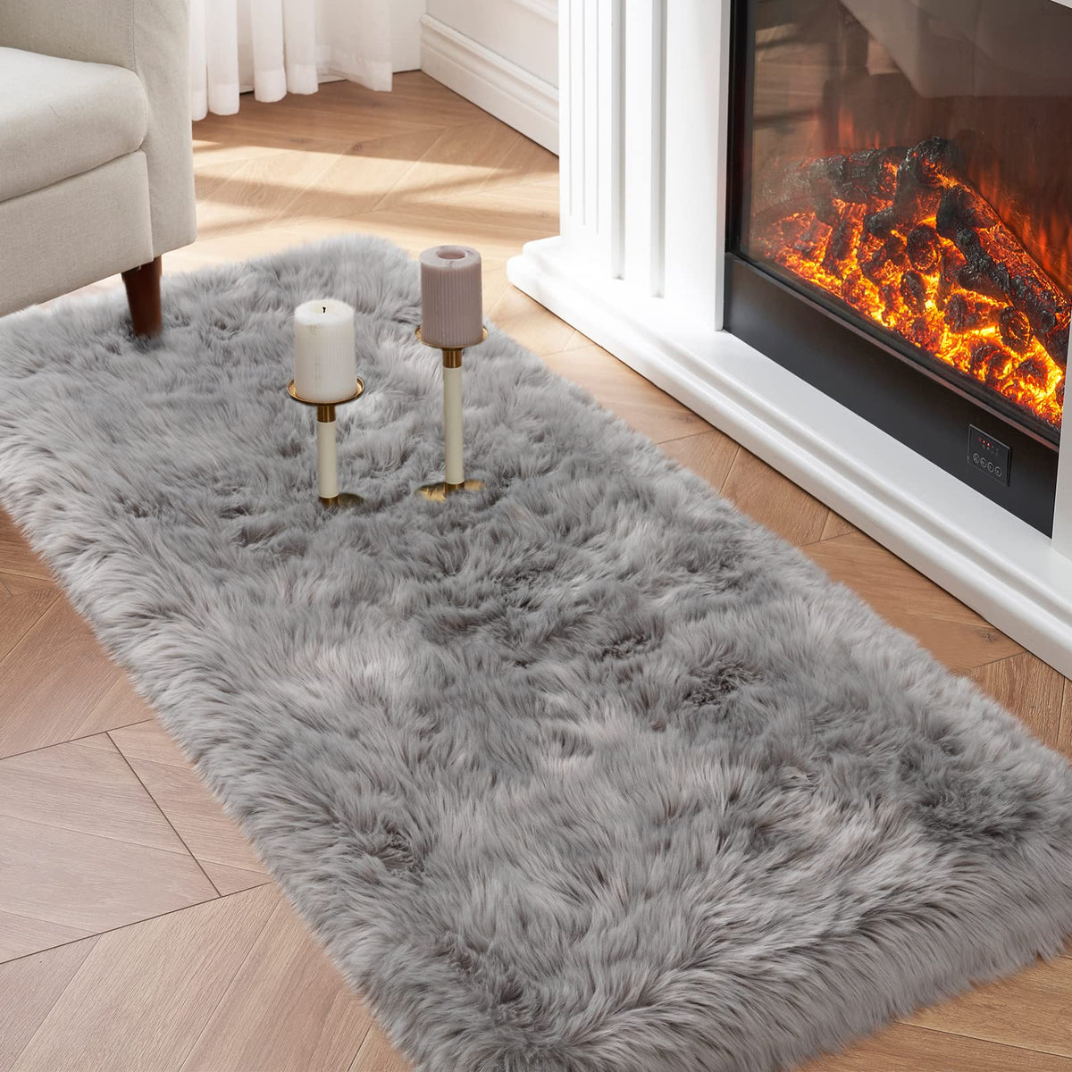 Tangsoo 2x6 Beige Faux Fur Rug,Soft Sheepskin Fluffy Runner Rug for Bedroom