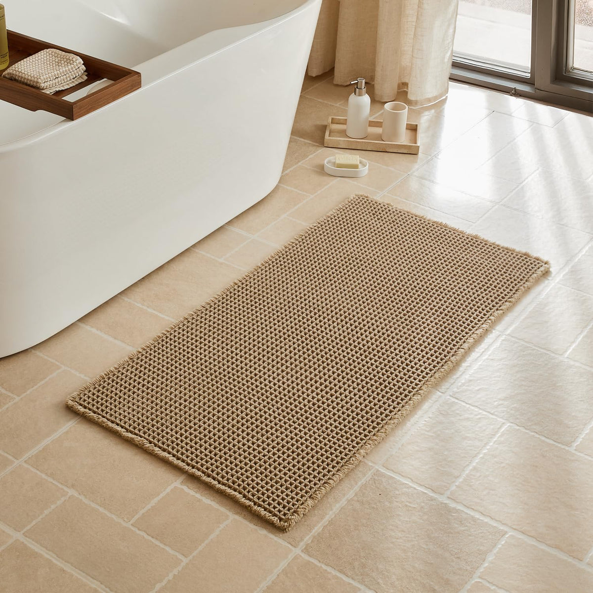 Triohero Waffle Bath Mat, Small Boho Bathroom Rugs Non Slip, 16x24 Khaki