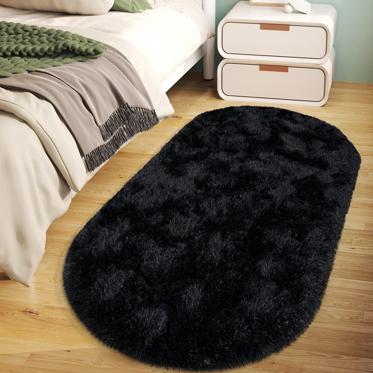 Soft Oval Beige Fluffy Rugs for Bedroom Washable Non-Slip, Set of 2