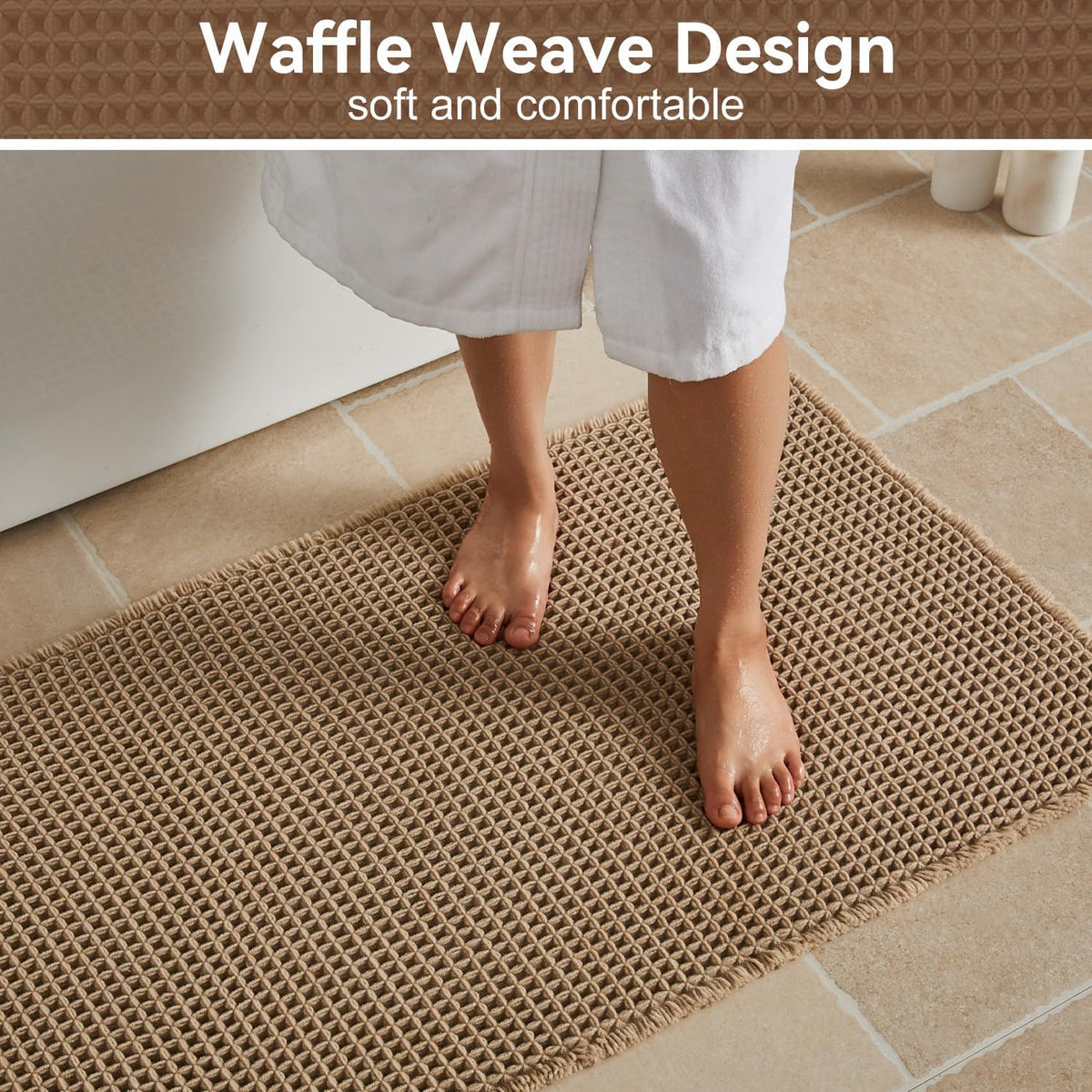 Triohero Waffle Bath Mat, Small Boho Bathroom Rugs Non Slip, 16x24 Khaki
