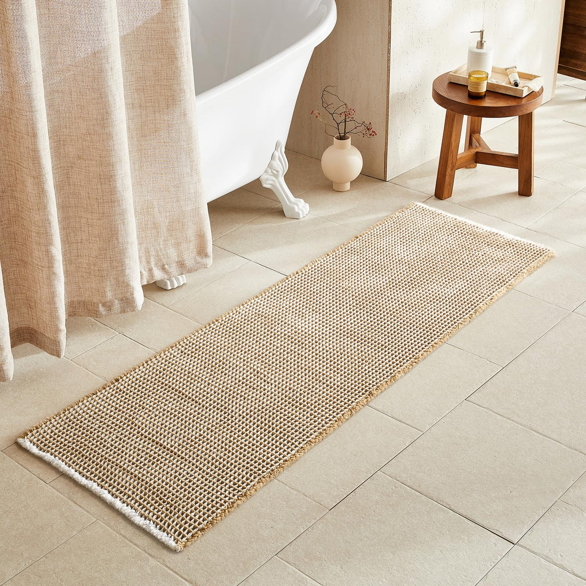 TYUU Waffle Bath Mat, Boho Bathroom Rugs Non Slip Washable, 30x20 Khaki