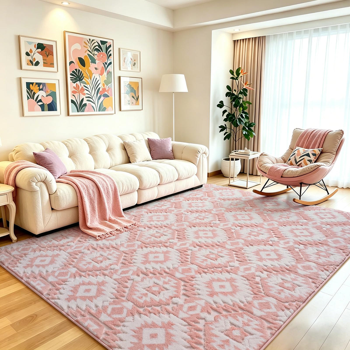 Grey Fluffy Area Rug for Bedroom, 3x5 Geometric Shag Rugs
