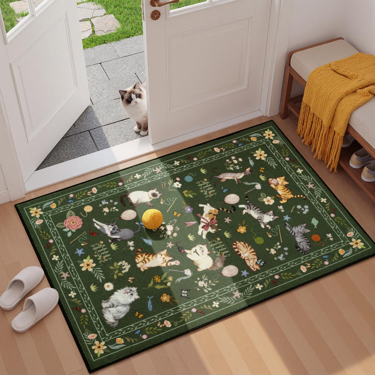 Unirea 2x3 Black Cute Cat Area Rug for Kitchen Entryway, Washable Door Mat