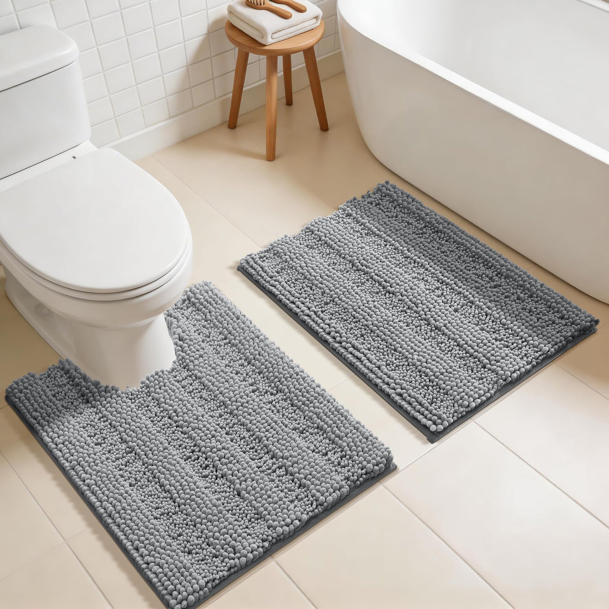 Yimobra Bathroom Rug Set 2 Piece, Absorbent Bath Mat Set, 32x20+24x17, Gray