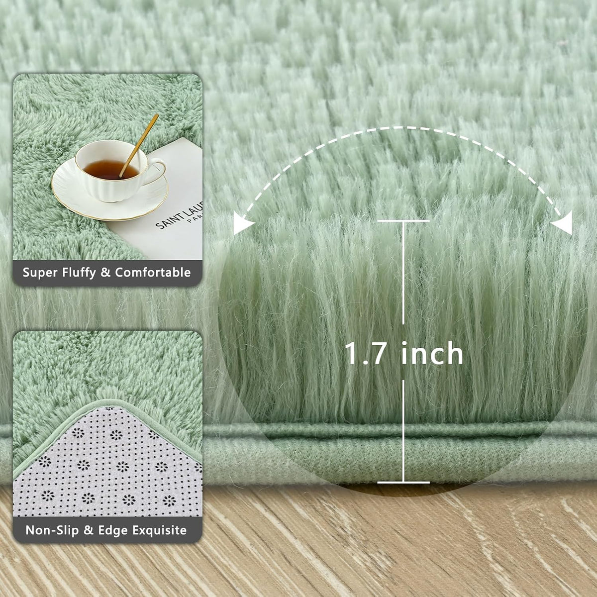 Sage Green Runner Area Rugs for Bedroom Living Room, 2x6 Feet Fluffy Bedside Rugs, Soft Shaggy Carpet Rug for Kids Room Nursery, Furry Rugs for Girls Boys Dorm Room Home Decor