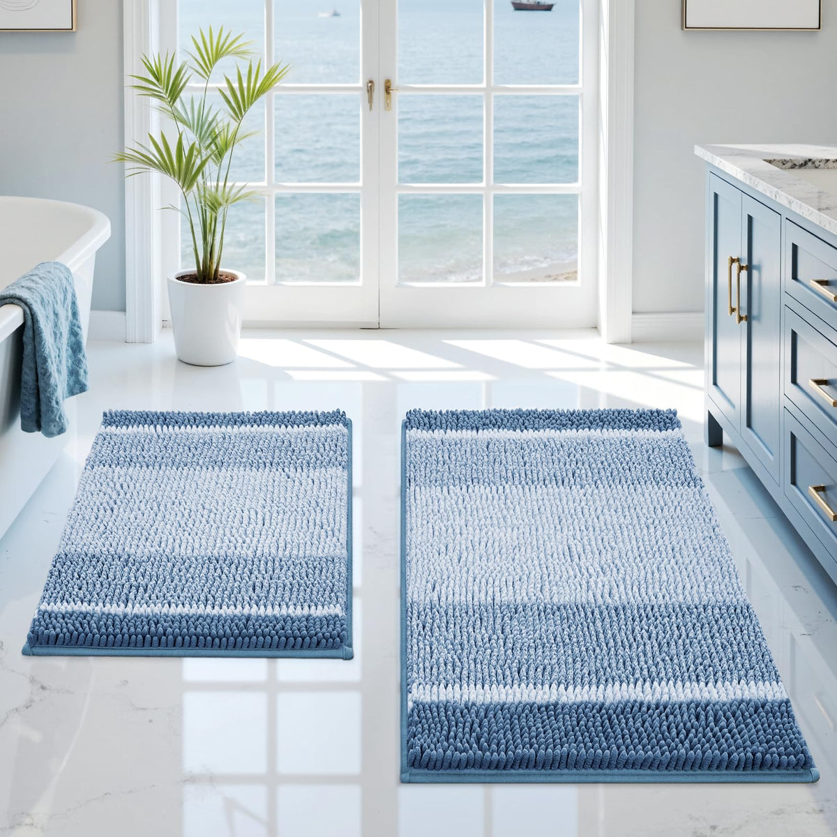 HOMEIDEAS Sage Green Bathroom Rugs Sets 2 Piece Chenille, 20"x32"+17"x24"
