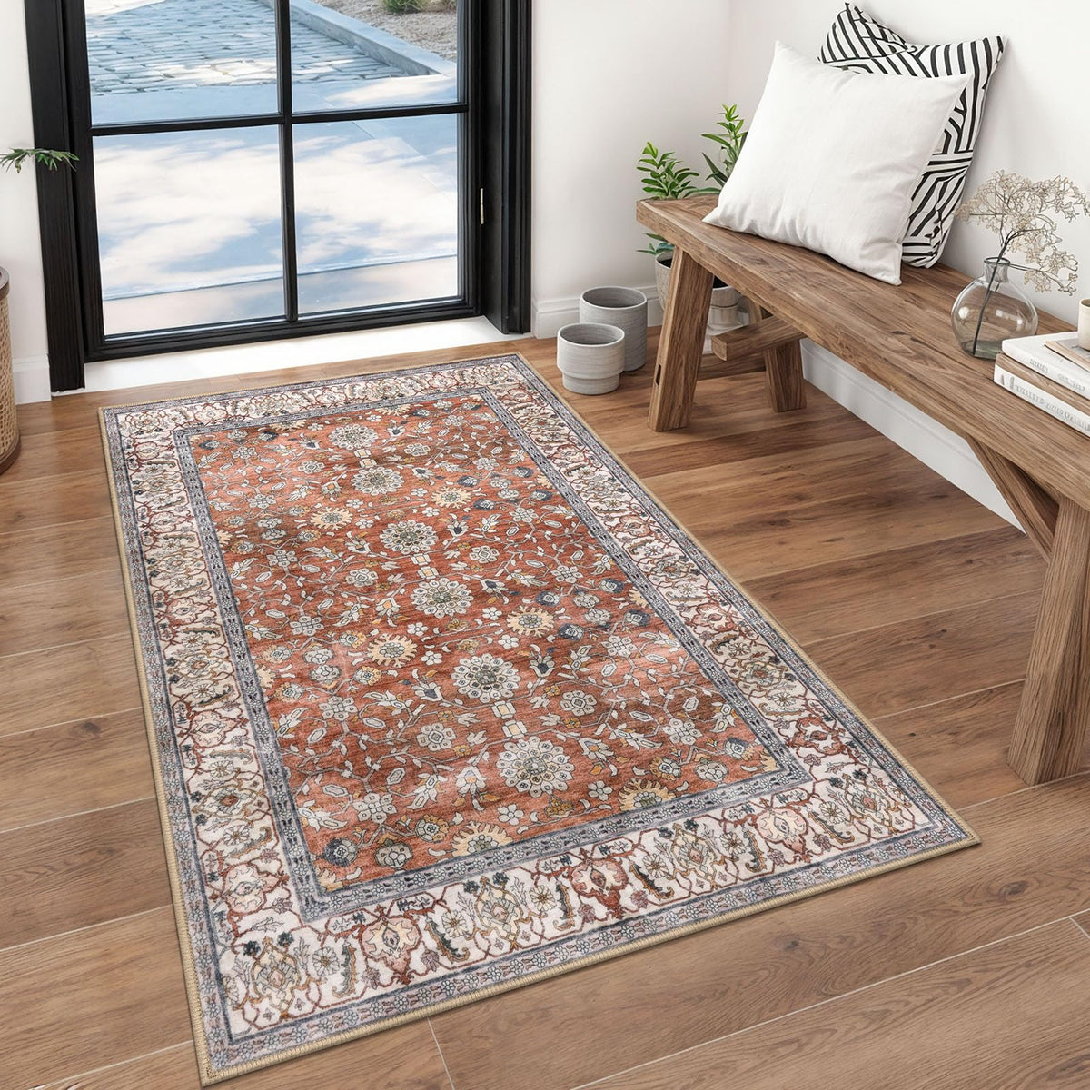 KUTA Vintage Floral Washable 2x3 Rugs for Entryway Blue Grey Beige