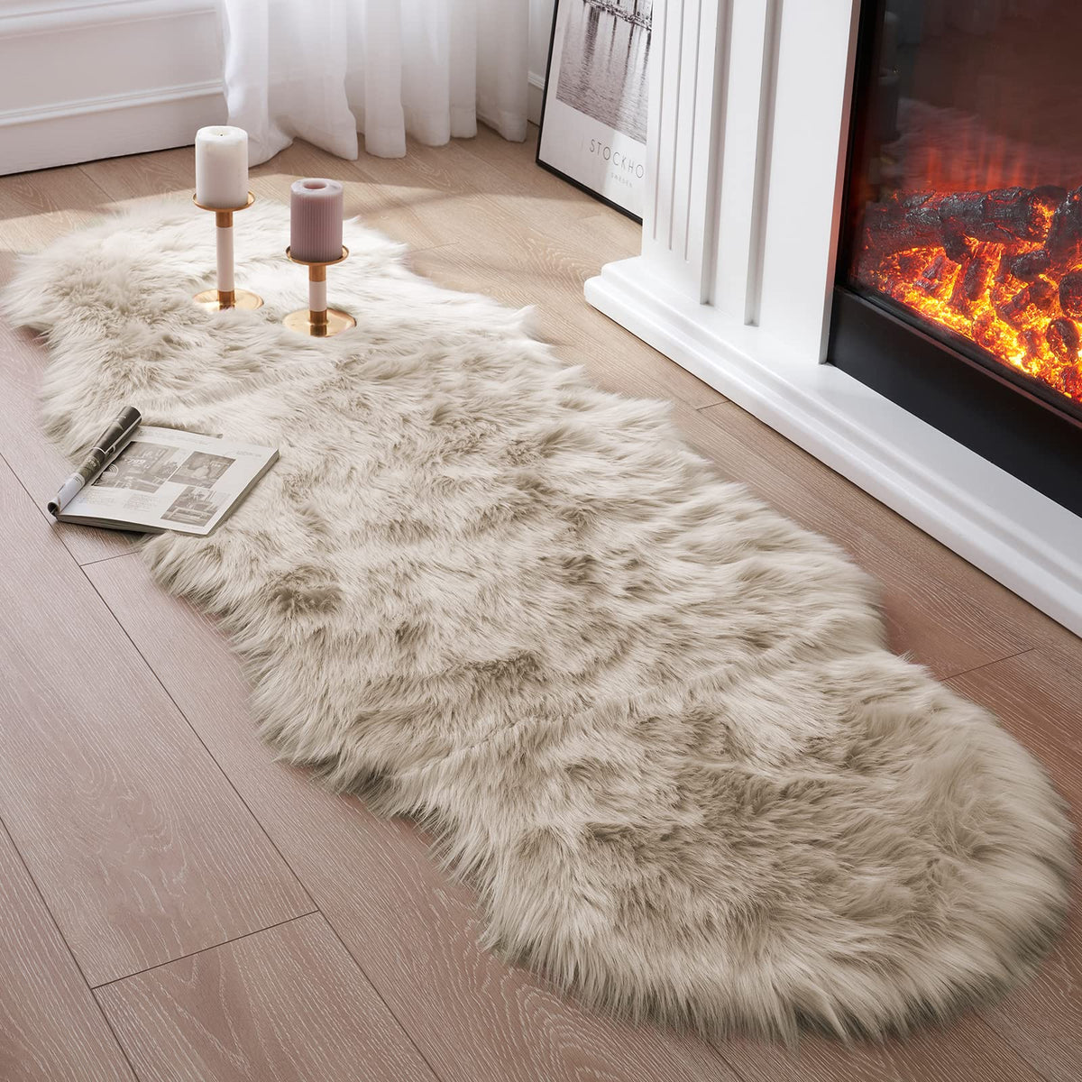 Tangsoo 2x6 Beige Faux Fur Rug,Soft Sheepskin Fluffy Runner Rug for Bedroom