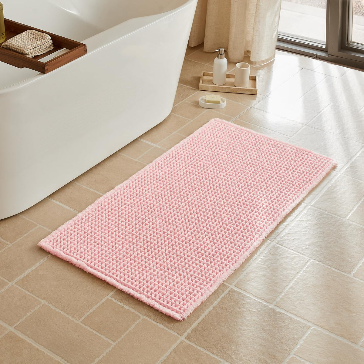 Triohero Waffle Bath Mat, Small Boho Bathroom Rugs Non Slip, 16x24 Khaki