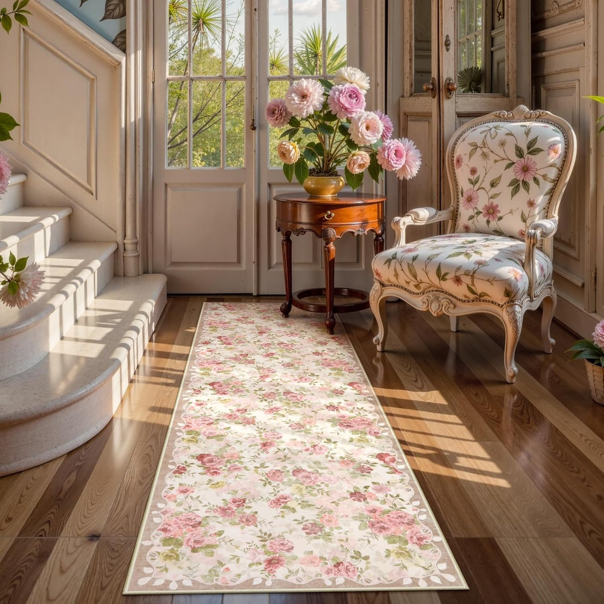 Lahome Floral Pink Bathroom Rug Runners for Hallways Non Slip 2x6