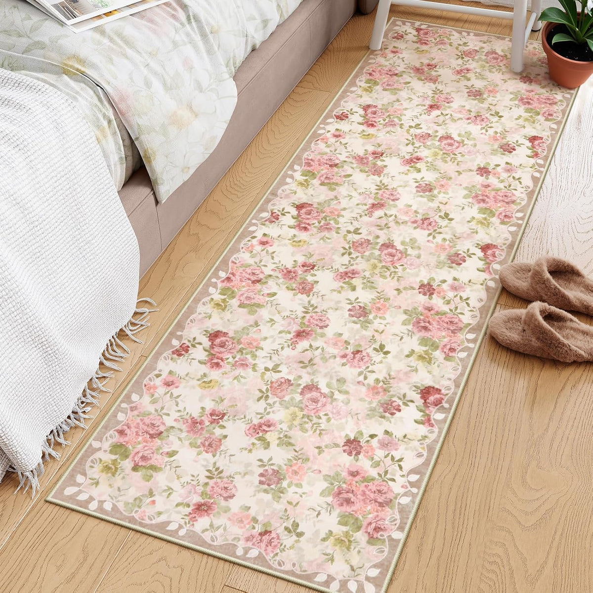 Lahome Floral Pink Bathroom Rug Runners for Hallways Non Slip 2x6