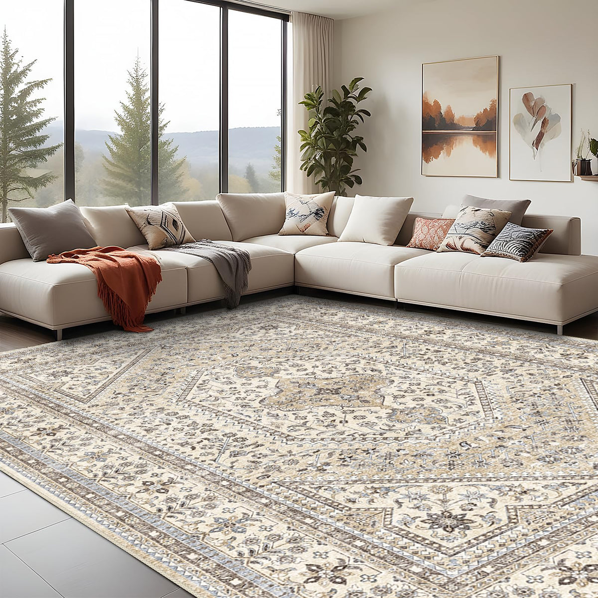 2x3 Washable Entryway Area Rug - Non-Slip Boho Throw Rugs Beige Gray