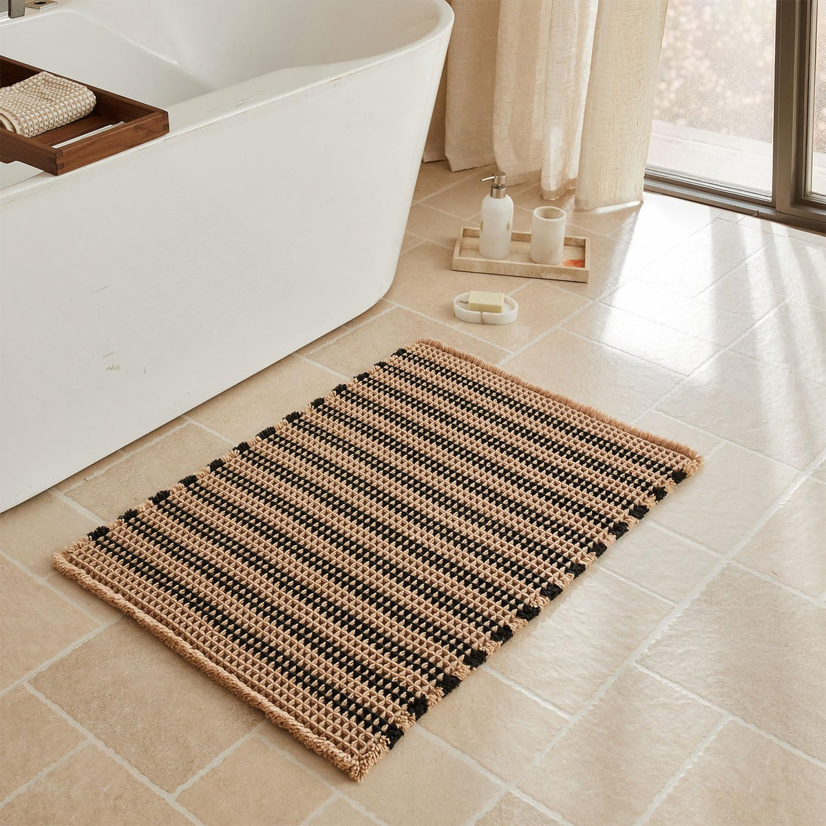 Triohero Waffle Bath Mat, Small Boho Bathroom Rugs Non Slip, 16x24 Khaki