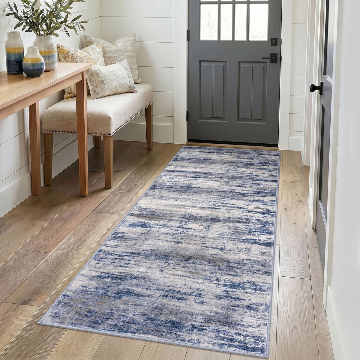 KOZYFLY Abstract Entryway Rug 2x3 Washable Door Mat Indoor Blue Beige