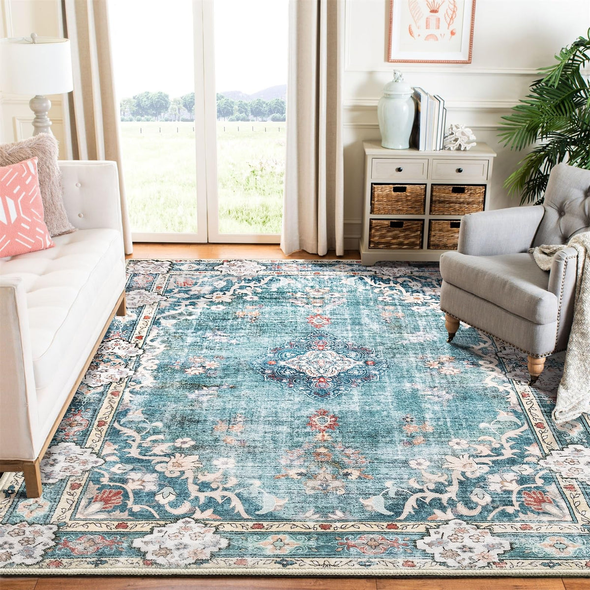 MUJOO Pink Rug 3x5 Washable,Boho Area Rugs Small Non Slip Low-Pile Floral