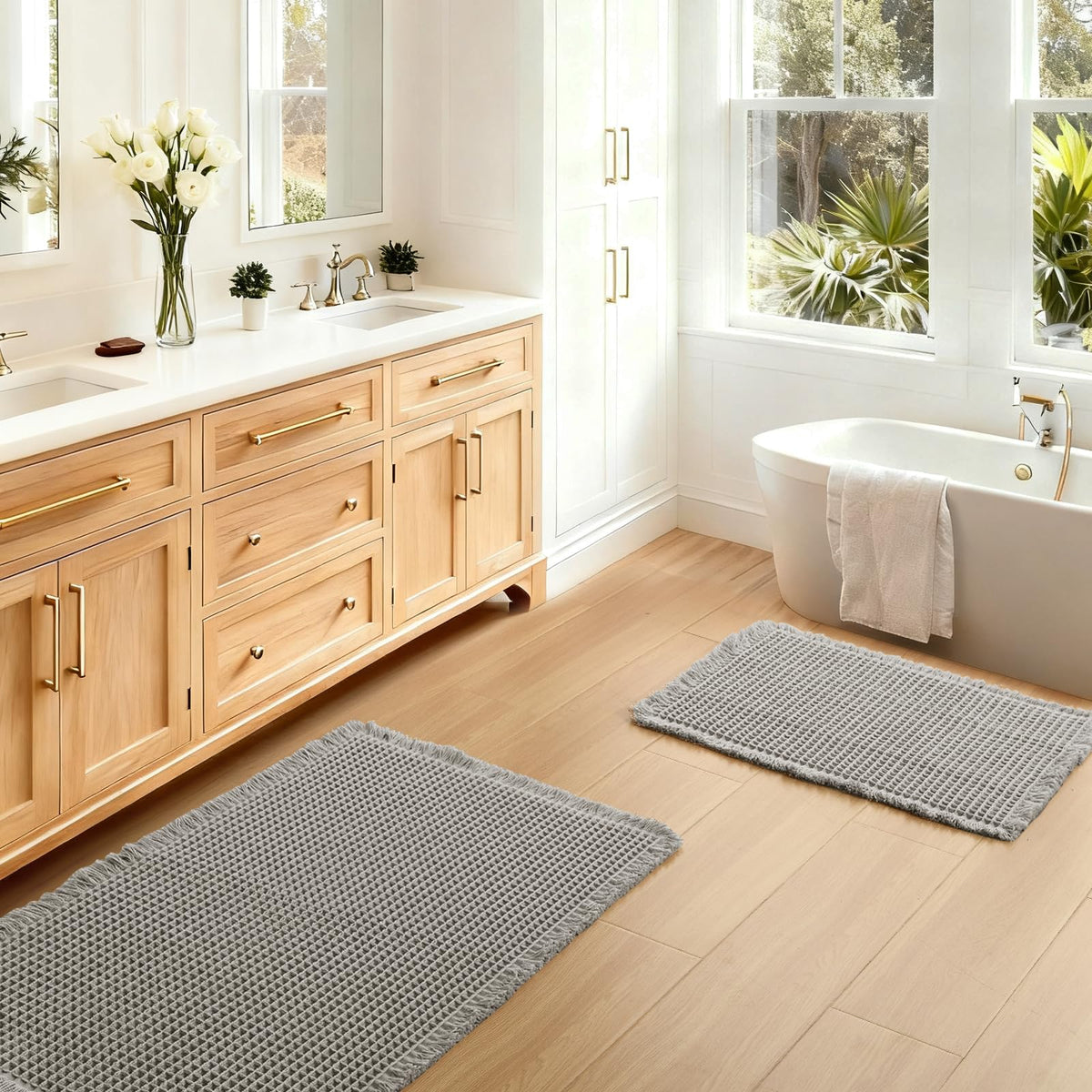 JIUZHEN Set of 2 Waffle Bath Mats Boho Bath Rugs 16"x24"+20"x32", Brown