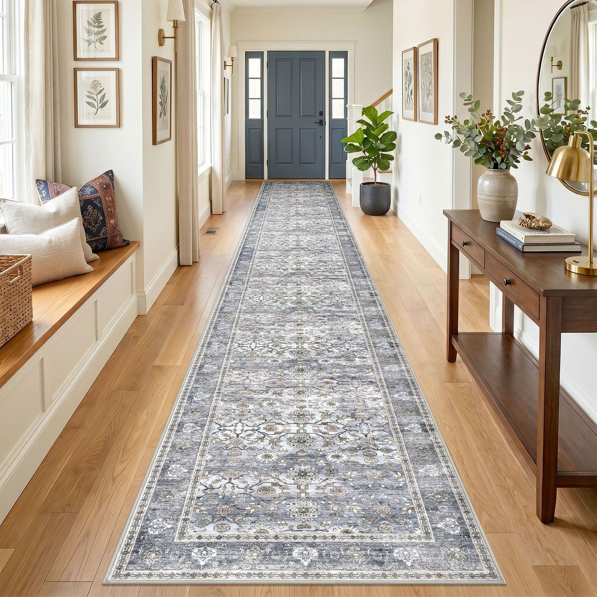 KUTA Vintage Floral Washable 2x3 Rugs for Entryway Blue Grey Beige