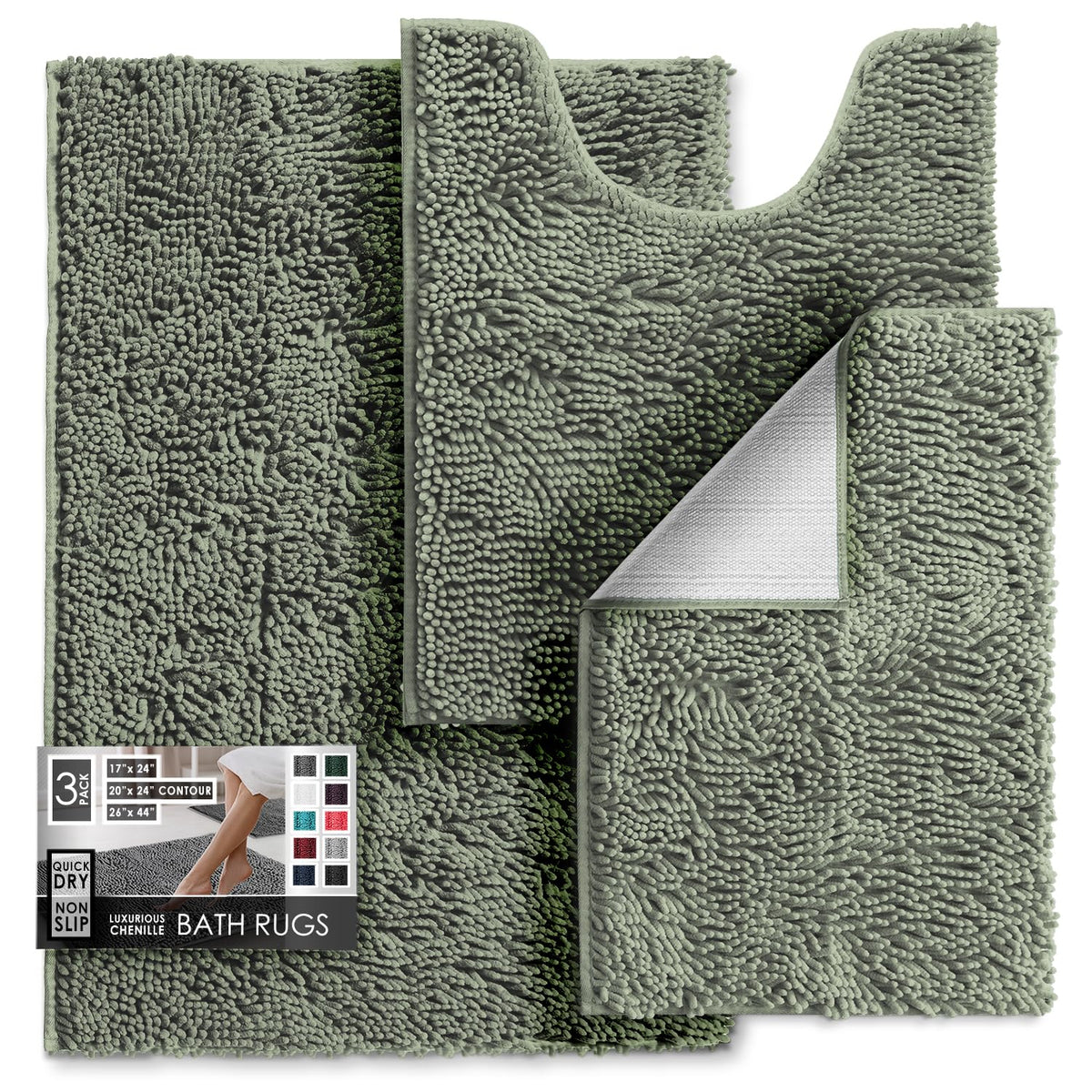 Hearth & Harbor Bathroom Rugs, Chenille Bath Mat - Machine Washable Bath Mats for Bathroom Non-Slip Backing Rubber, Quick Dry Bathroom Mat, 17 x 24 + 20 x 32 - Hunter Green