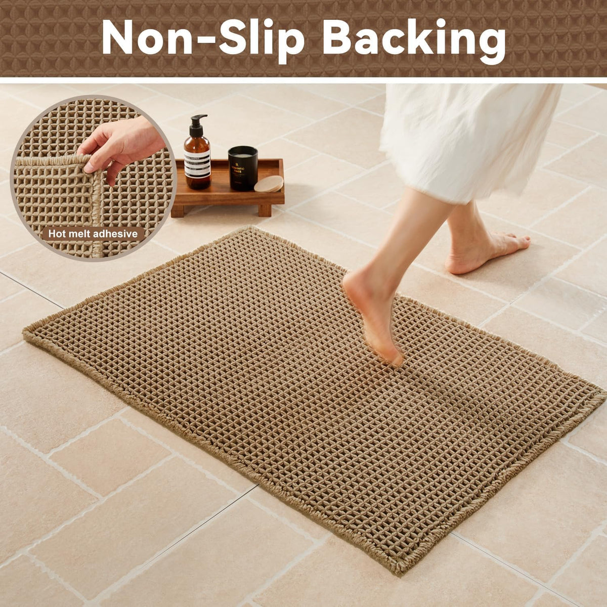 Triohero Waffle Bath Mat, Small Boho Bathroom Rugs Non Slip, 16x24 Khaki