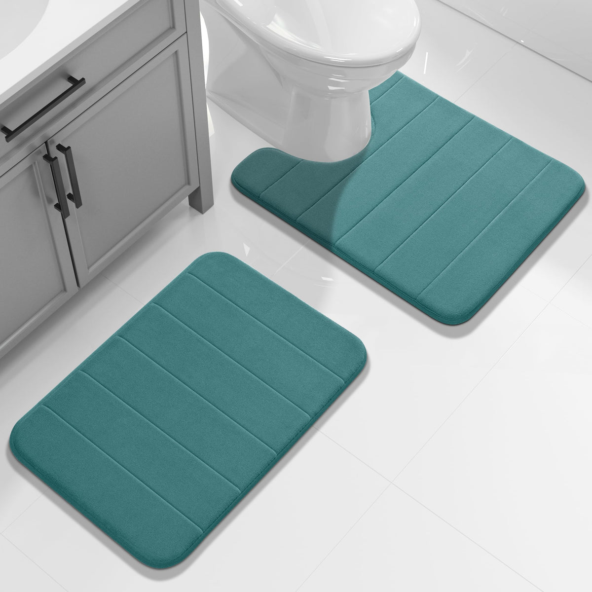 Yimobra Memory Foam Bathroom Rugs Sets 2 Piece - Super Soft Absorbent Quick Dry Bath Mat Set, Machine Washable Non Slip Floor Carpet for Tub Shower & Single Sink (17x24 & 31.5x20 Inch, Gray)