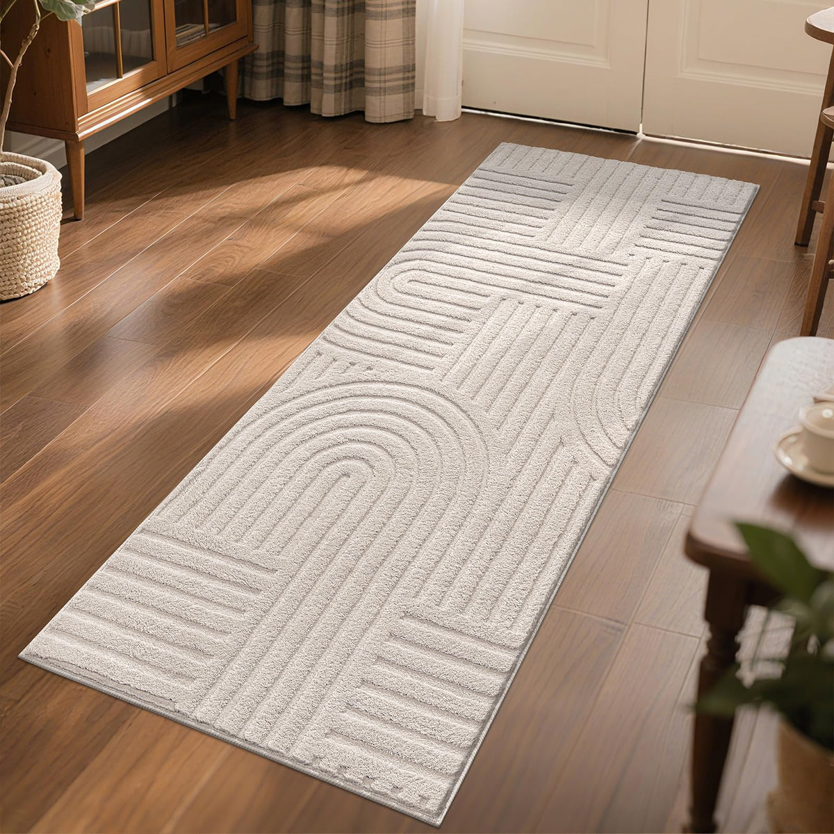 SHACOS Soft Fluffy Arch Pattern Area Rug 2'7"x5' Non Slip Washable Minimalist Modern High-Low Geometric Carpet for Living Room Kitchen Bedroom Bathroom, Beige